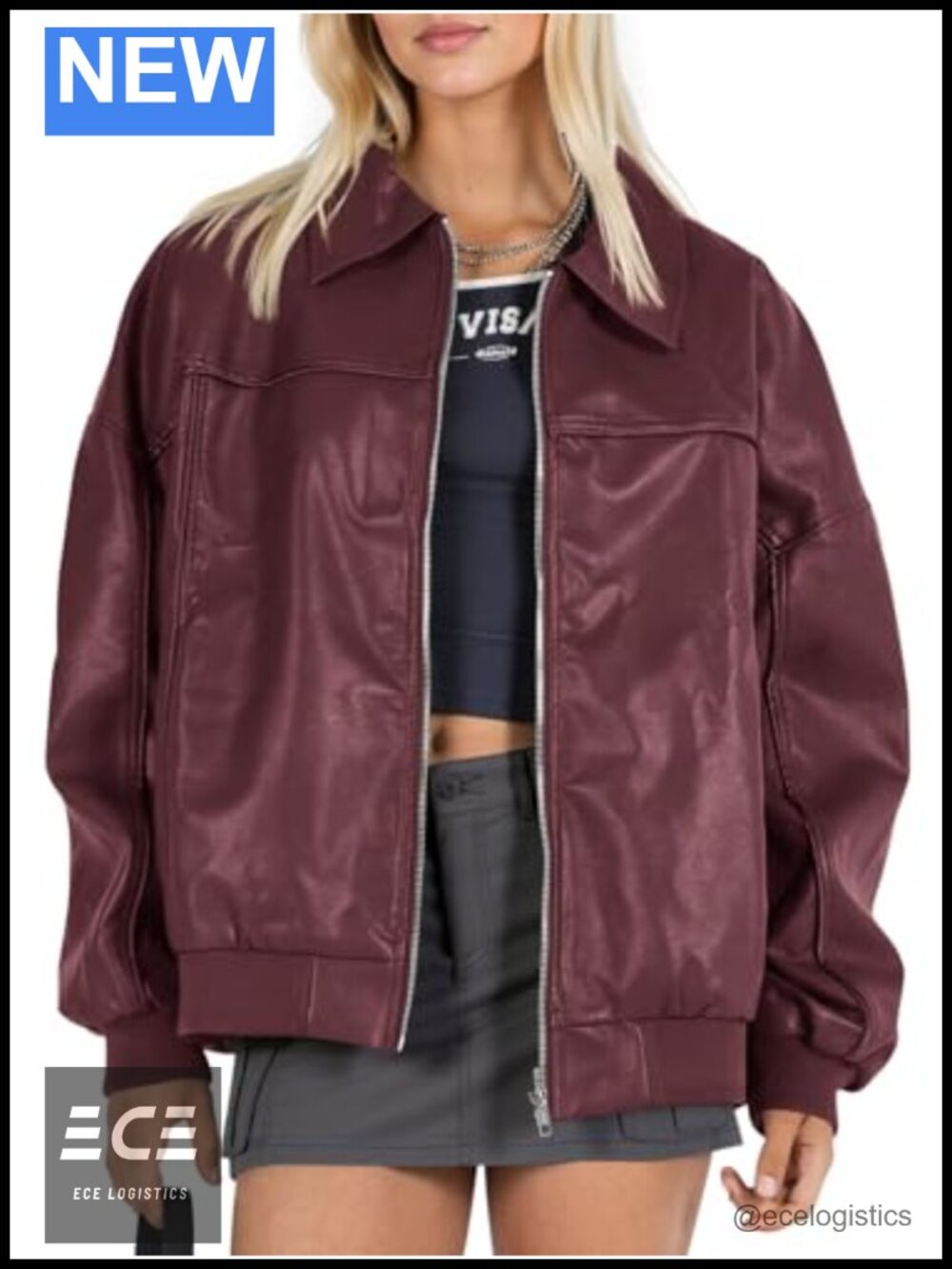 Faux Leather Oversized Bomber Moto Biker Jacket Zip Up Coat